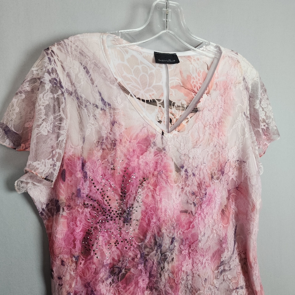 Brittany Black Shirt - Pink White - Layered - Lace Sleeves - Size Large - Picture 3 of 6